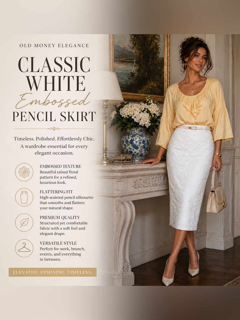 Classic White Embossed Pencil Skirt | Old Money Aesthetic | Timeless Chic Fit